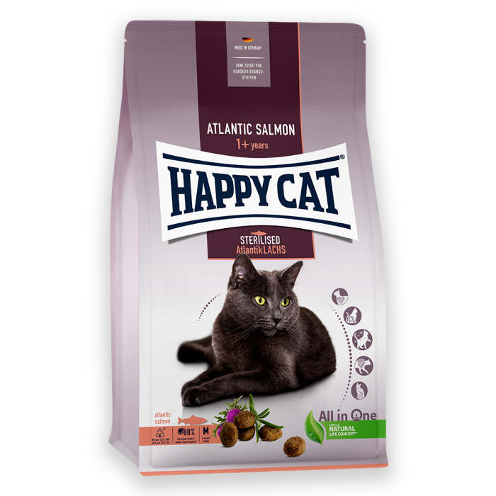 Сухий корм Happy Cat Sterilised Atlantik Lachs для дорослих стерилізованих котів зі смаком лосося 0.3, 1.3, 4, 10кг