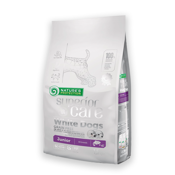 Nature's Protection Superior Care White Dogs Grain Free Salmon Junior All Breeds Сухий беззерновий корм для юніорів усіх порід з лососем, 1.5, 10, 17кг