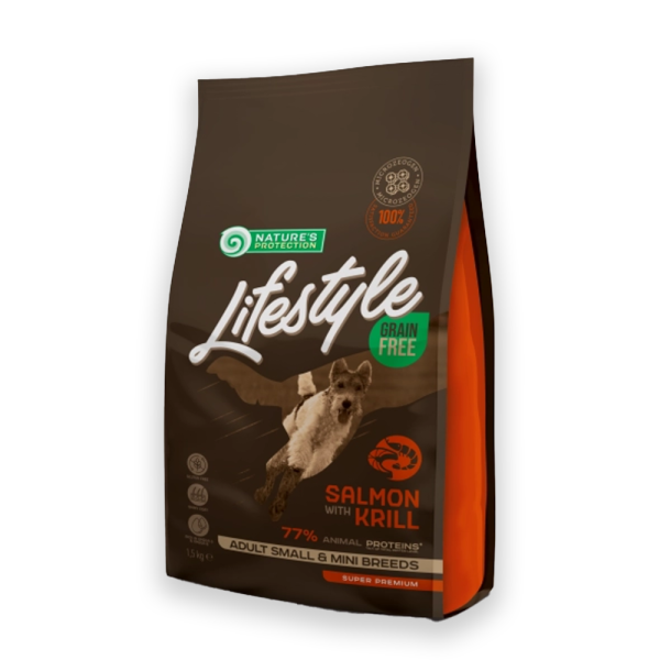 Nature's Protection Lifestyle Grain Free Salmon with Krill Adult Small and Mini Breeds Сухий беззерновий корм для собак малих порід з лососем та крилем, 1.5, 10кг