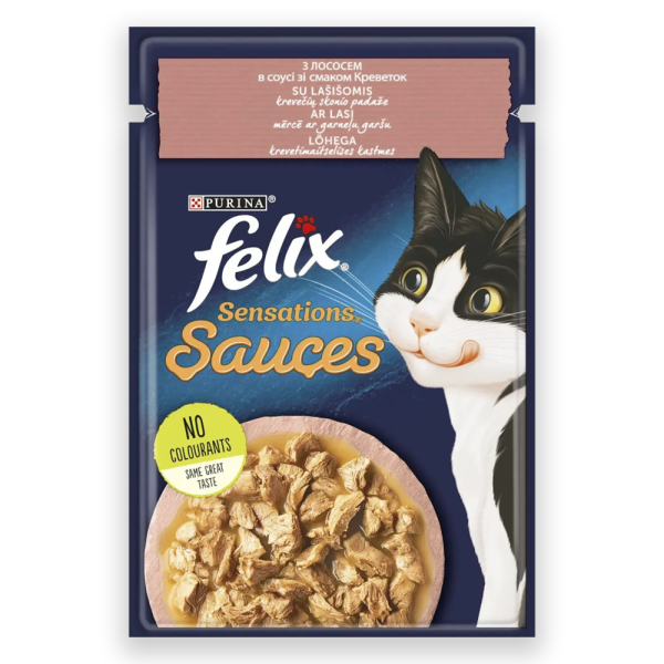 Вологий корм Felix Sauces Sensations для котів з лососем у соусі зі смаком креветок, 85г