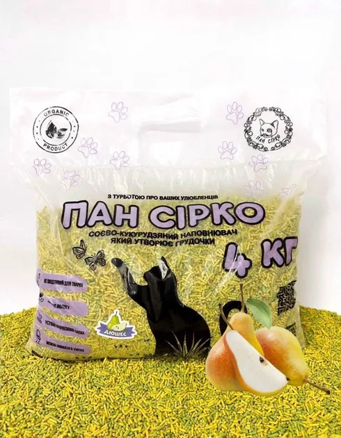 Наповнювач для котячого туалету Пан Сірко соєво-кукурудзяний наповнювач тофу з ароматом Дюшес, 4 кг / 7 л