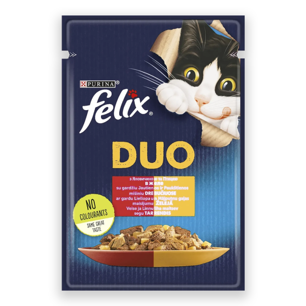 Вологий корм для котів Felix Fantastic Duo з яловичиною та птицею шматочки в желе, 85 г