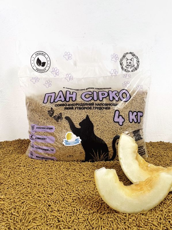 Наповнювач для котячого туалету Пан Сірко соєво-кукурудзяний наповнювач тофу з ароматом Диня, 4 кг / 7 л